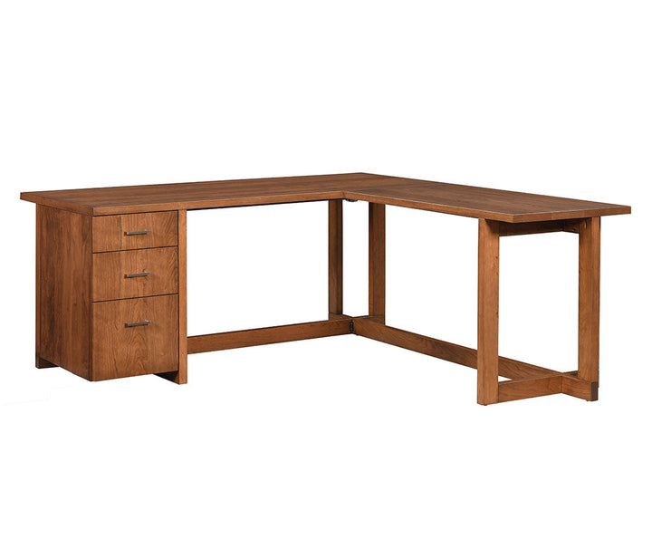 Wooden L-shaped desk with drawers on a white background