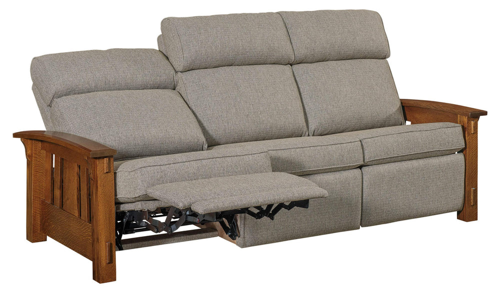 Gray sofa with wooden armrests and reclining mechanism on a white background