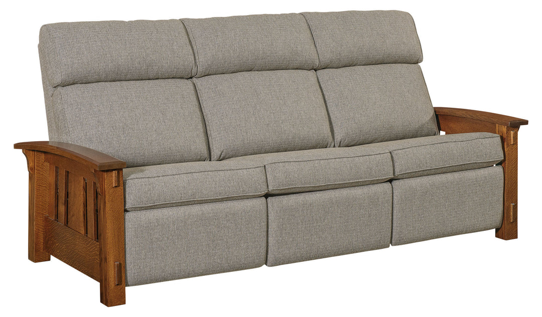 Gray upholstered sofa with wooden armrests on a white background