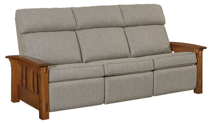 Gray upholstered sofa with wooden armrests on a white background