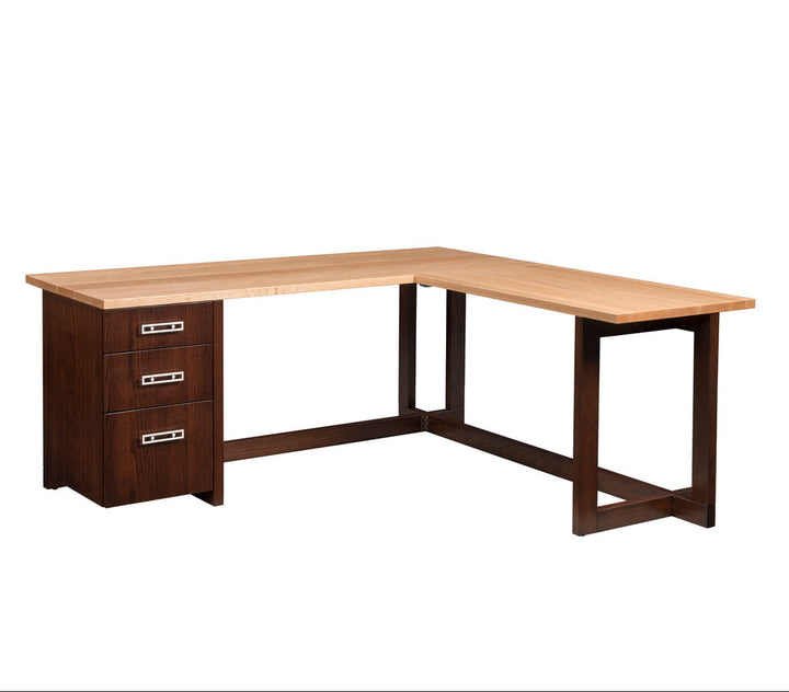 Corner desk with wooden top and dark brown legs on a white background
