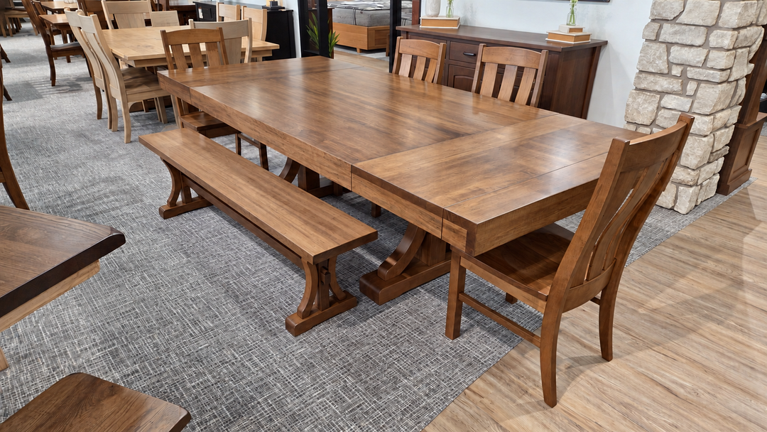 Clearance Karlisle 48x72 w/ 2-18" Leaves Wormy Maple Table, Bench and 4 Carr Chairs