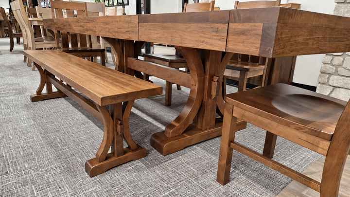 Clearance Karlisle 48x72 w/ 2-18" Leaves Wormy Maple Table, Bench and 4 Carr Chairs