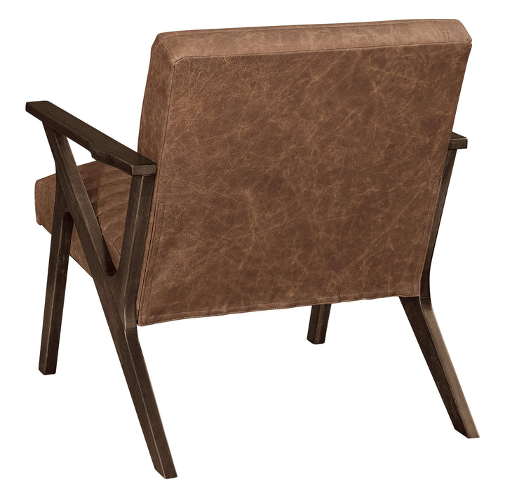 Brown leather armchair with wooden frame on a white background