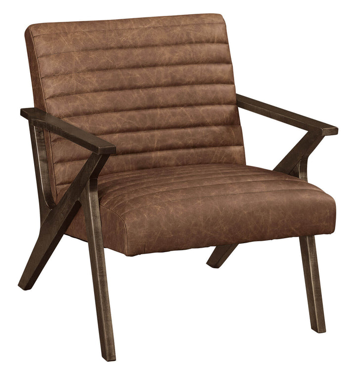 Brown leather armchair with wooden frame on a white background