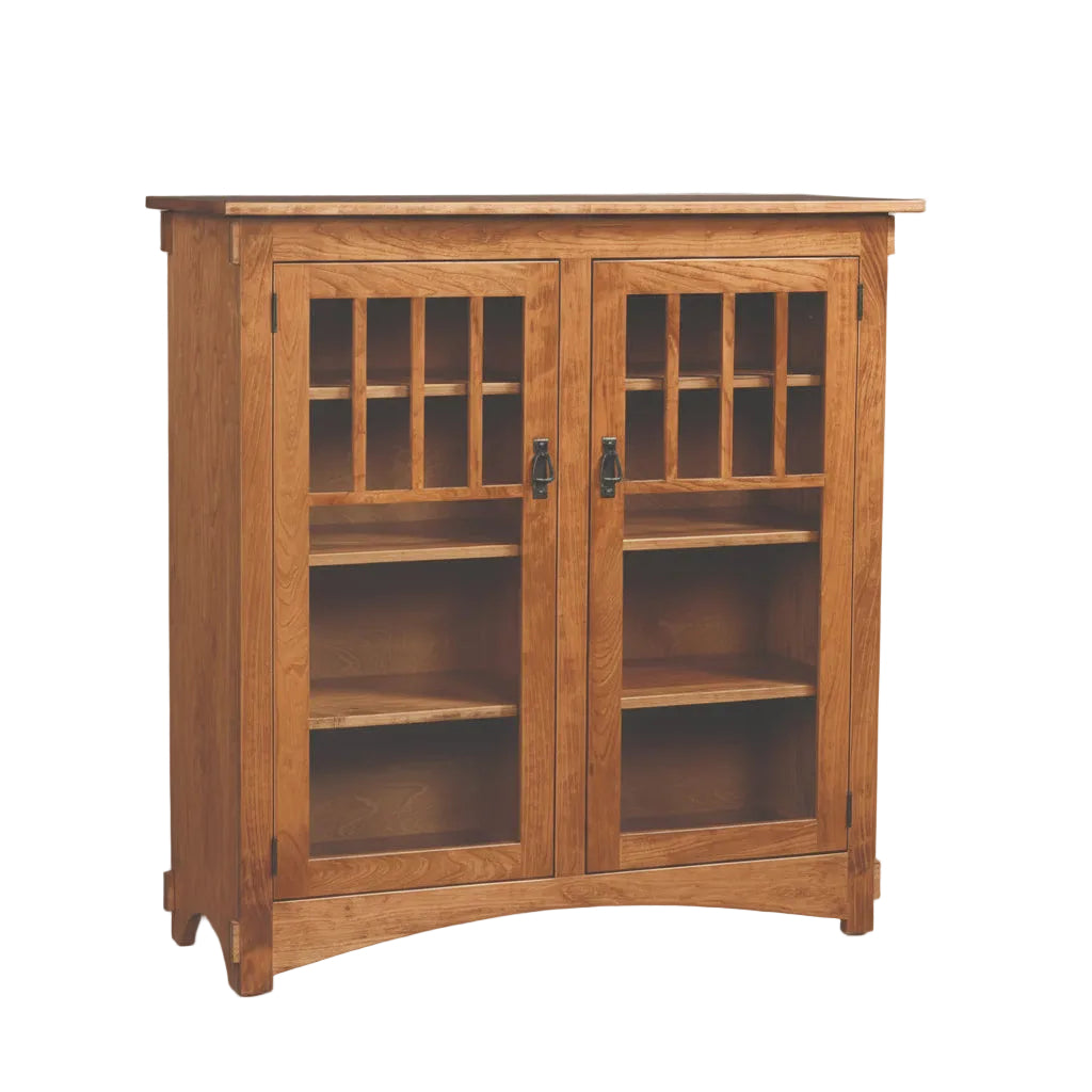 Wooden cabinet with glass doors on a white background