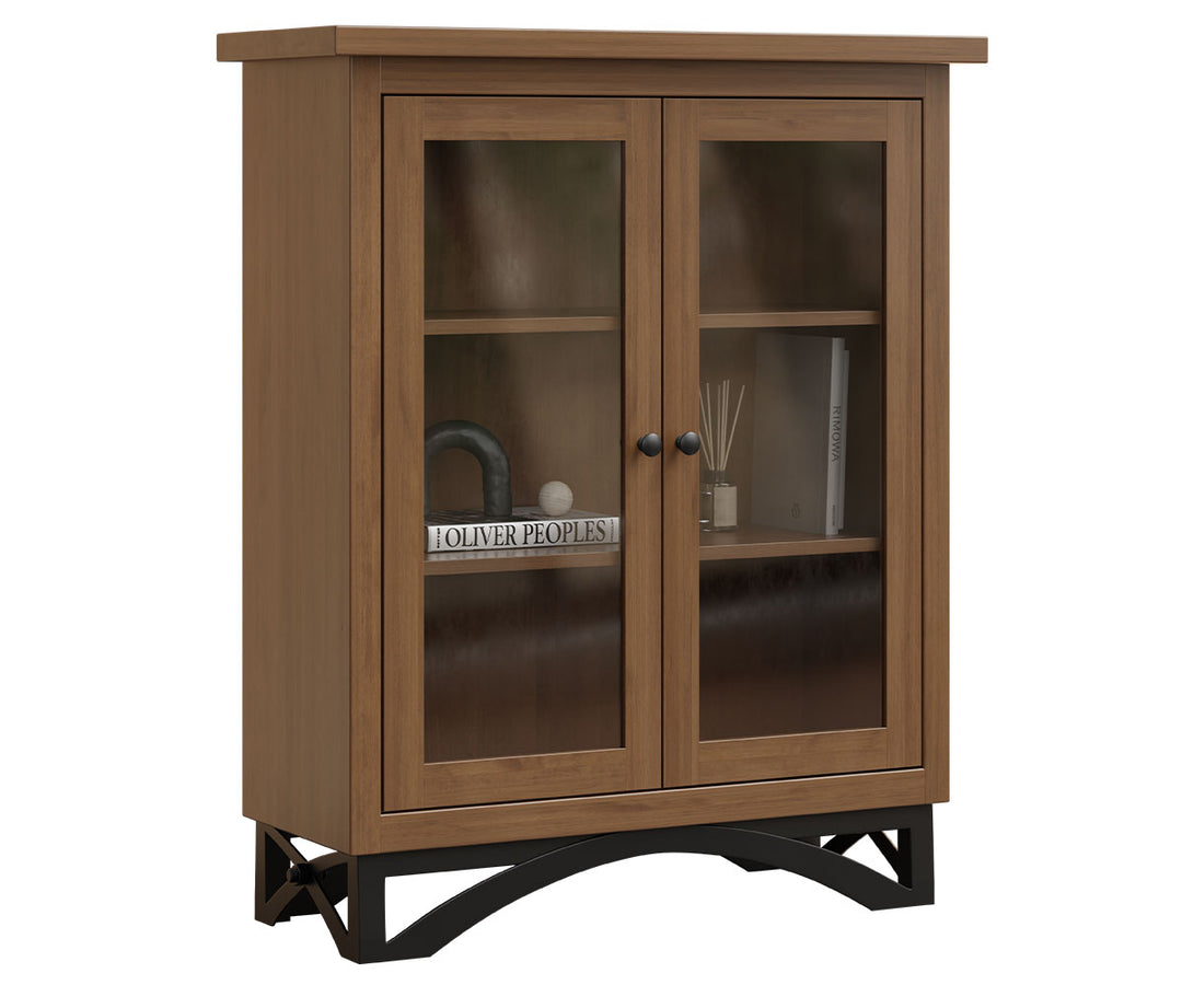 Wooden cabinet with glass doors on a white background