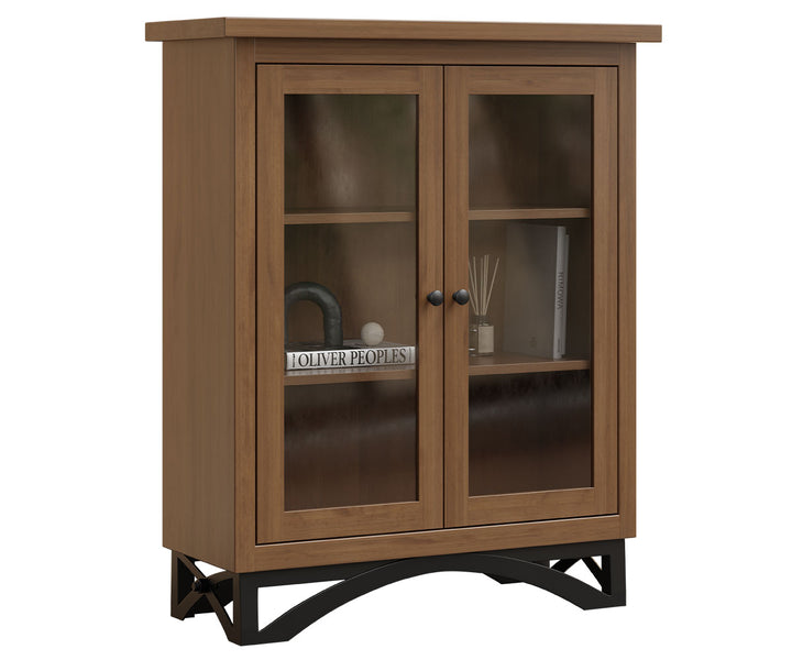 Wooden cabinet with glass doors on a white background