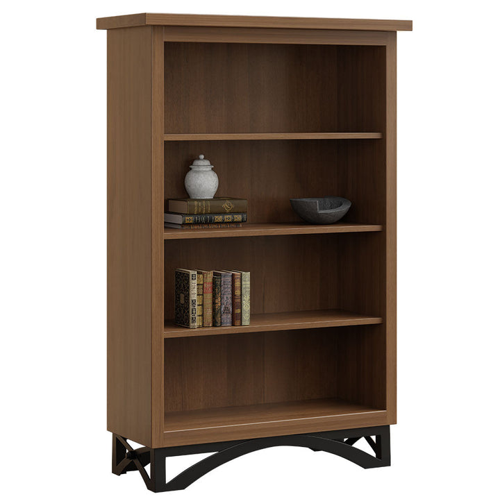 Wooden bookshelf with decorative items on a white background