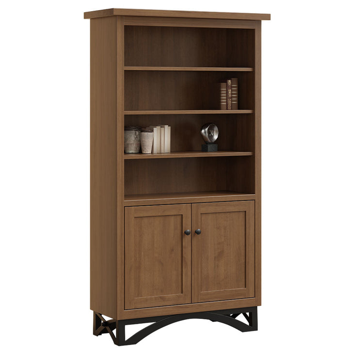 Wooden bookshelf with shelves and lower cabinets on a white background