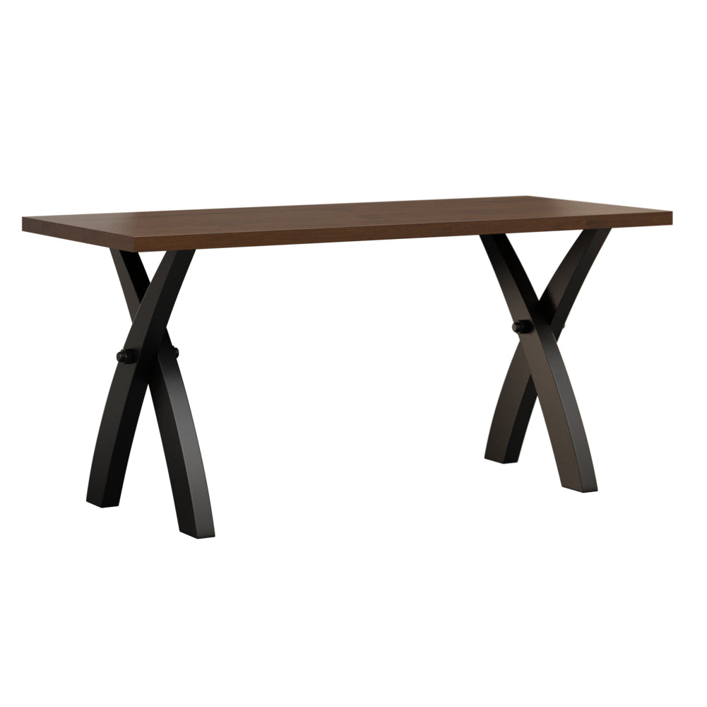 Wooden table with black metal legs on a white background