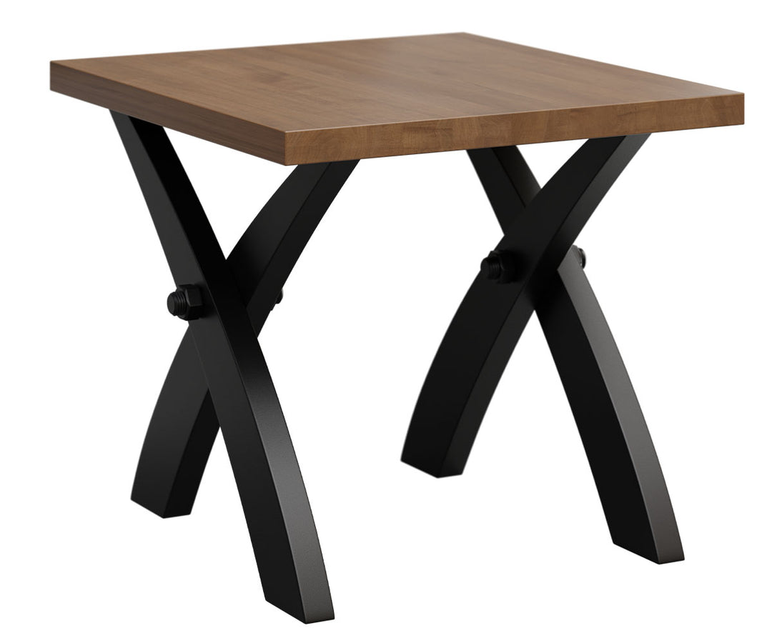Square table with wooden top and black metal legs on a white background