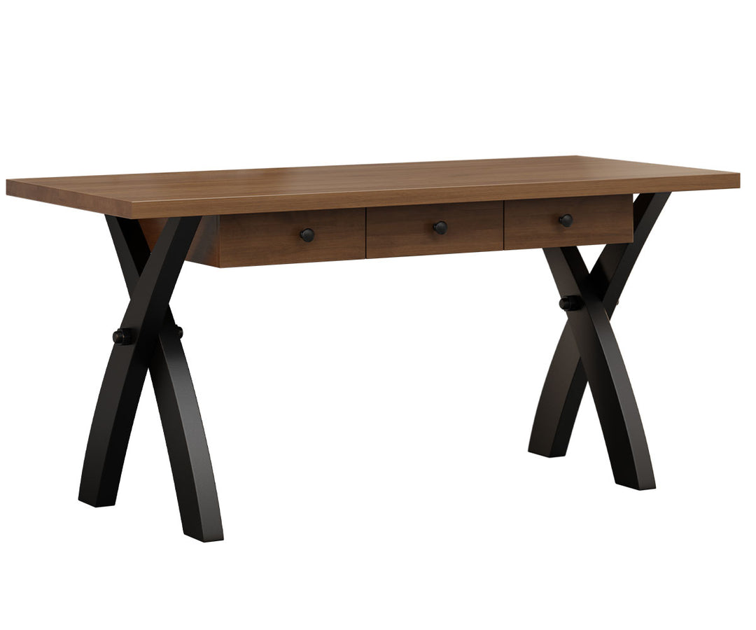 Wooden desk with black metal legs on a white background