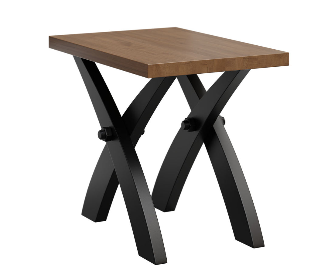 Wooden table with black metal legs on a white background