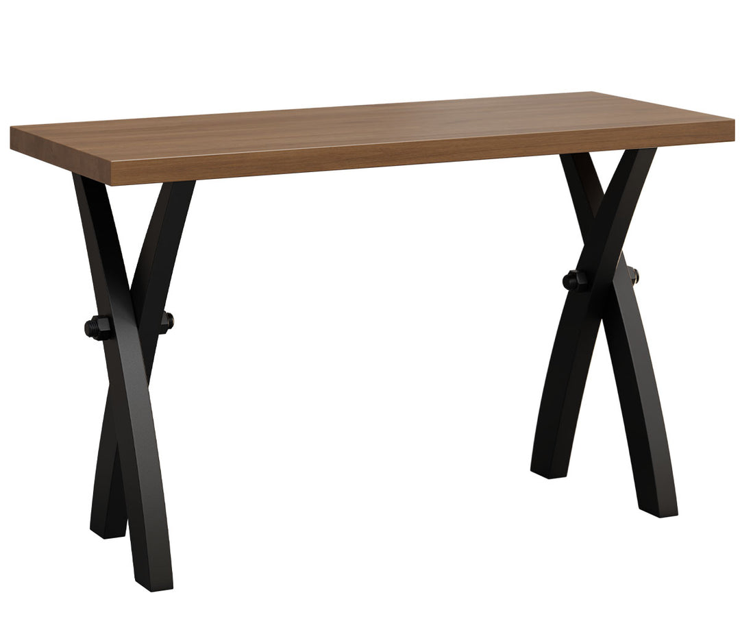 Wooden table with black metal legs on a white background