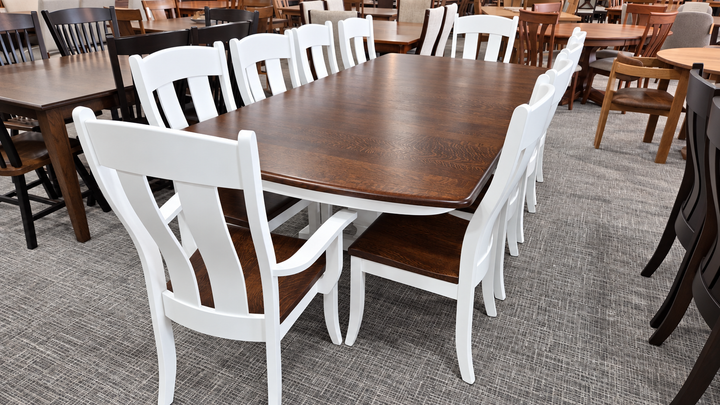 Clearance Stacy 48x72 w/ 2-12" Leaves Quarter Sawn White Oak/Maple 2-Tone Table and 10 Austin Chairs