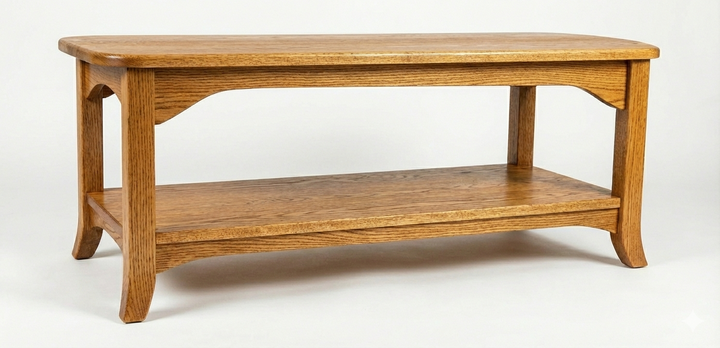Wooden coffee table with a shelf on a white background