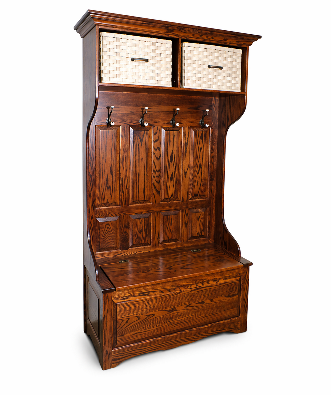Wooden hall tree with storage benches and baskets on a white background