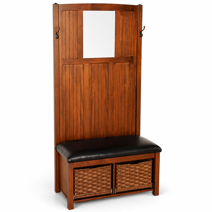 Wooden hall tree with mirror, bench, and storage baskets on a white background