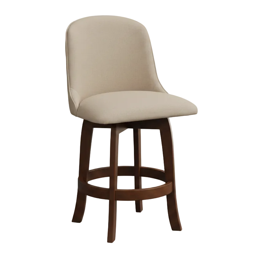 Beige cushioned bar stool with wooden legs on a white background