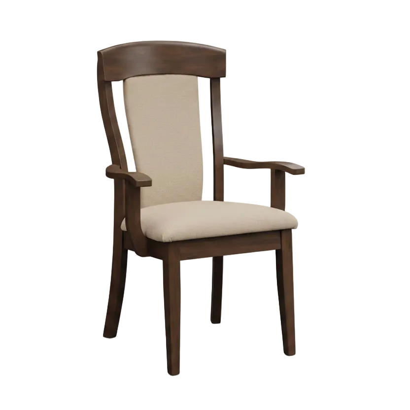 Wooden chair with beige cushion on a white background