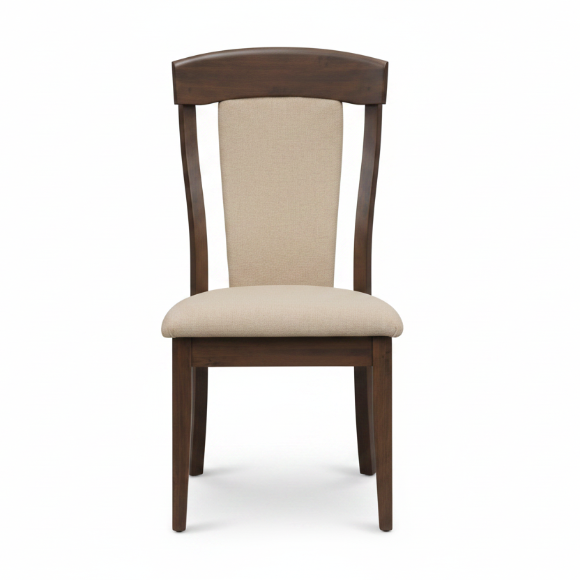 Wooden chair with beige cushion on a white background