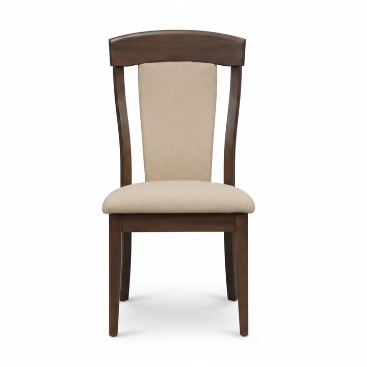 Wooden chair with beige cushion on a white background