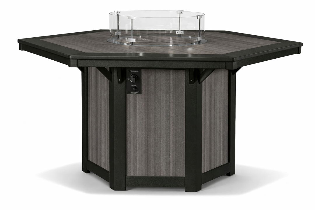 Hexagonal fire pit table with glass cover on a white background