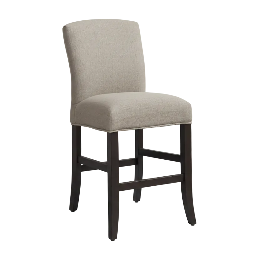 Gray upholstered bar stool with dark wooden legs on a light gray background