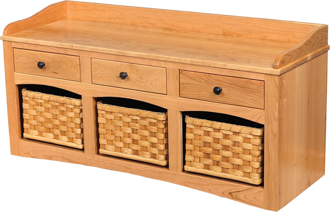 QW Amish Mission Bench w/ Baskets and 3 Drawers