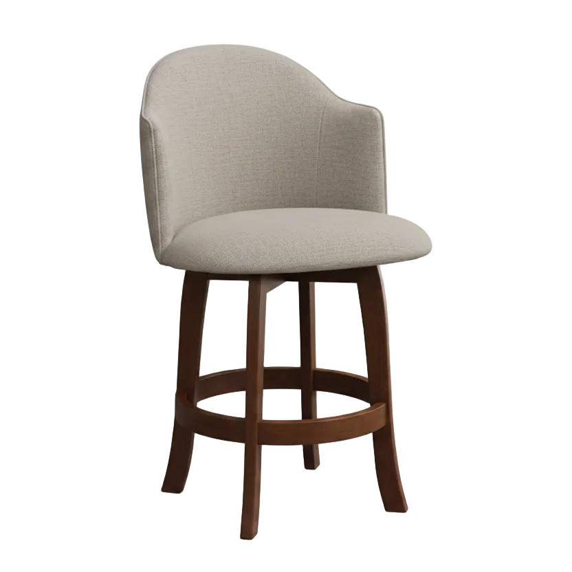 Bar stool with gray cushioned seat and wooden legs on a white background