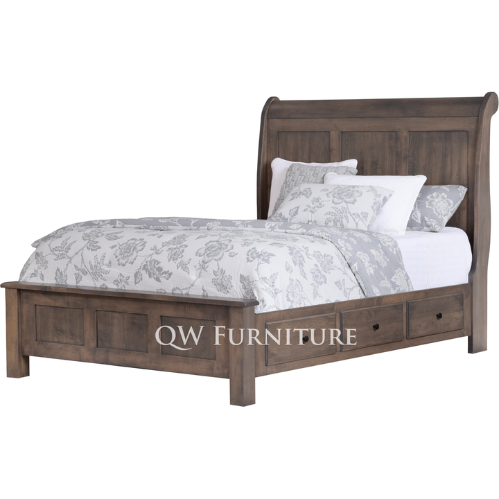 QW Amish Lodge Sleigh 6 Drawer Storage Bed