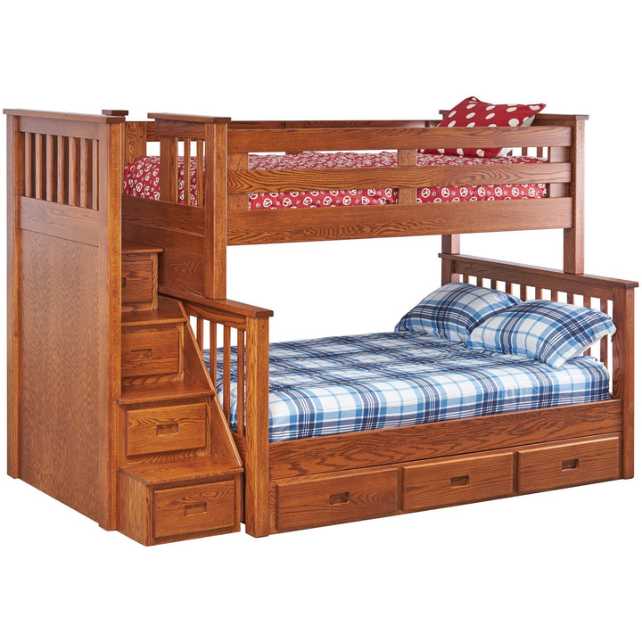 QW Amish Miller's Mission Twin/Full Bunk with Bed Storage and Storage Steps